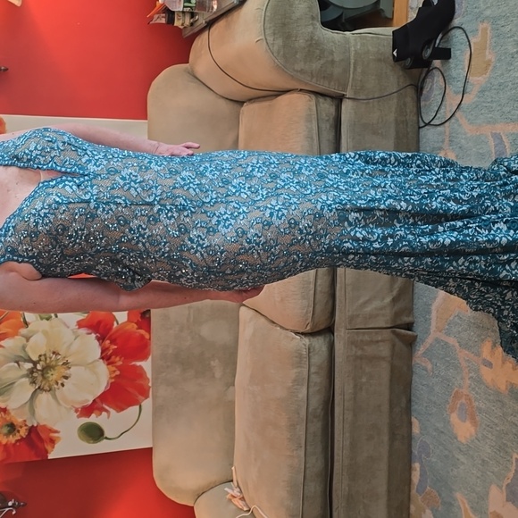 Brand new Jovani teal gown. Never worn!! Stunning detail !! Beautiful train!! - Picture 2 of 13